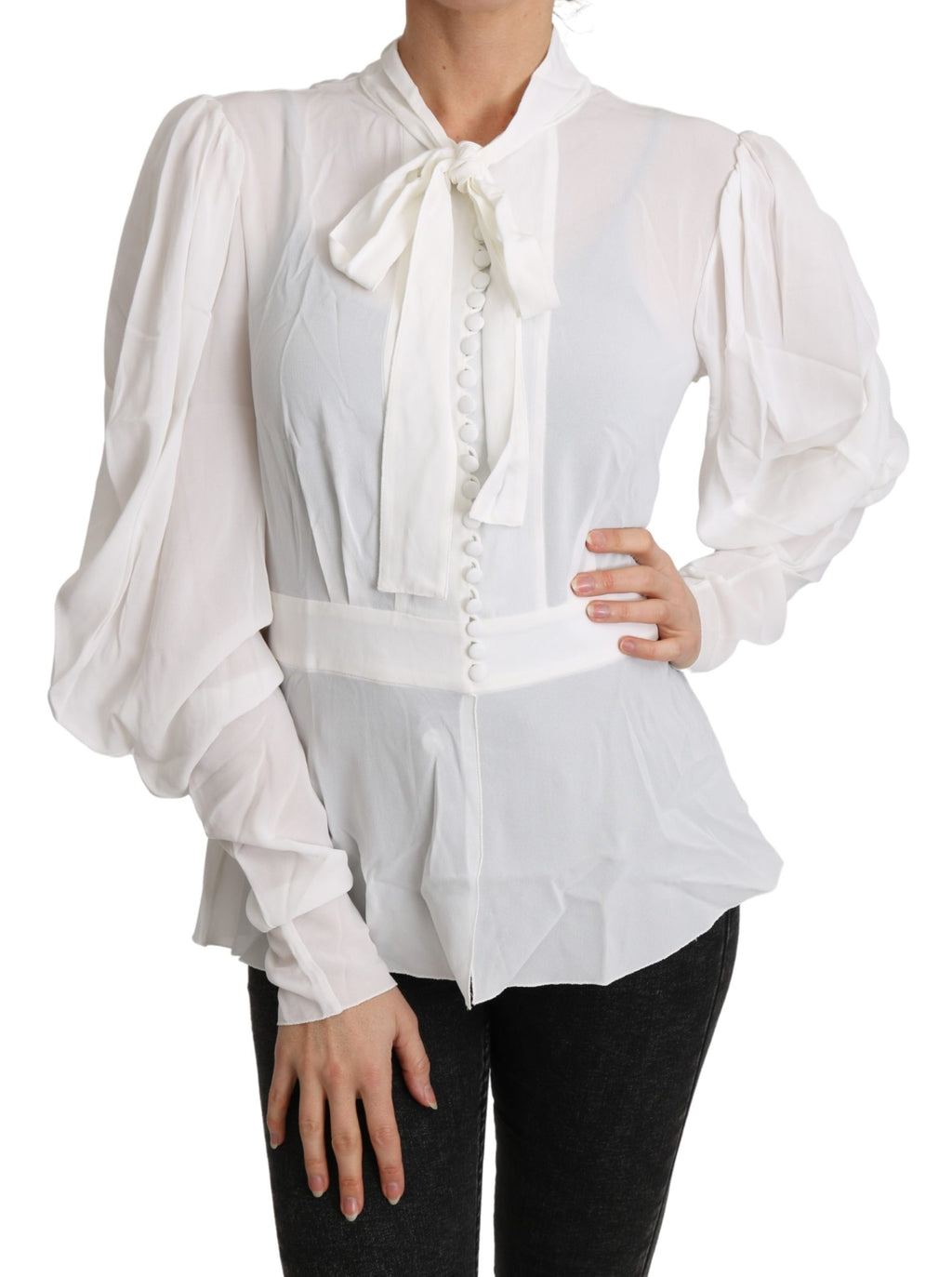 Viscose White Scarf Neck Long Sleeves Top