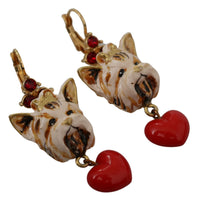 Heart Dog Red Crystal Gold Brass Leverback Earrings