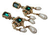 Gold Brass Green Filigree Crystal Charms Dangle Clip-on  Earrings