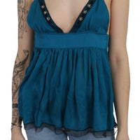 Blue Plunging Tank Blouse Cotton Top Underwear