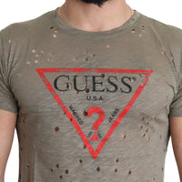 Brown Cotton Stretch Logo Print Men Casual Perforated T-shirt