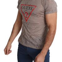 Brown Cotton Stretch Logo Print Men Casual Perforated T-shirt