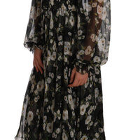 Black Daisy Floral Silk Shift A-Line Dress