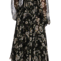 Black Daisy Floral Silk Shift A-Line Dress