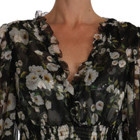 Black Daisy Floral Silk Shift A-Line Dress