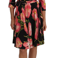 Black Pink Tulip Print Stretch Shift Dress