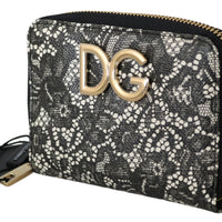 Black White Floral Lace Leather Zip Around Wallet