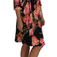 Black Pink Tulip Print Stretch Shift Dress