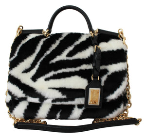 Dolce & Gabbana Black White Zebra Fur Handbag Sling Purse SICILY Bag