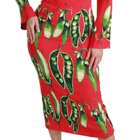 Red Snap Pea Print Longsleeve Midi Dress