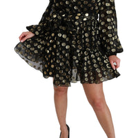 Black Gold Lurex Polka Dots Silk Flared Dress