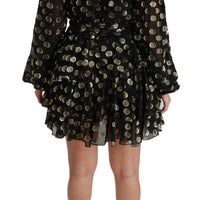 Black Gold Lurex Polka Dots Silk Flared Dress