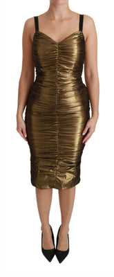 Gold Metallic Stretch Bodycon Ruched Dress