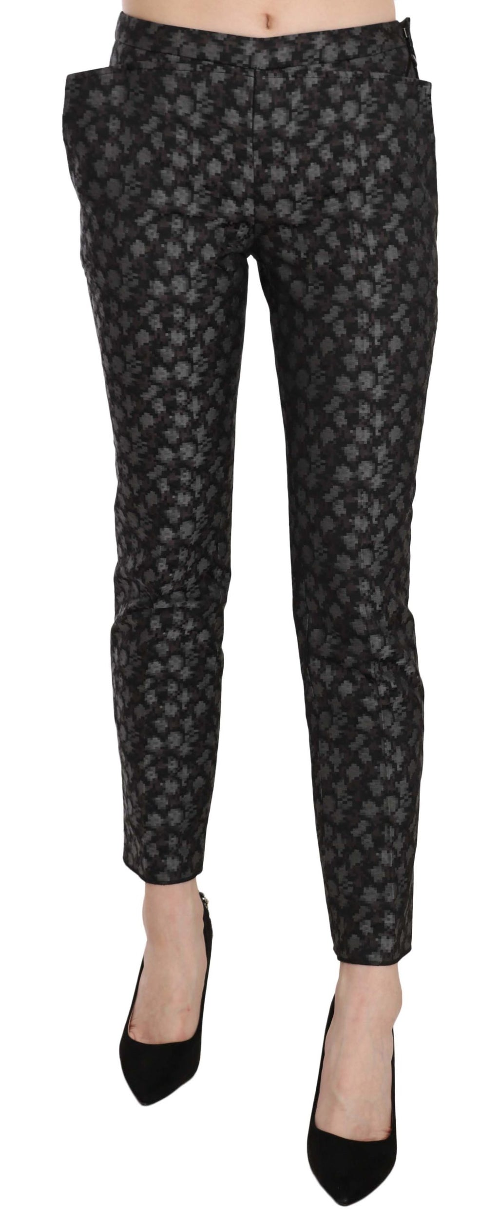 Black Patterned Low Waist Skinny Trousers Pants