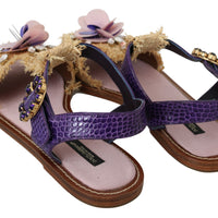 Purple Leather Crystal Flats Sandals