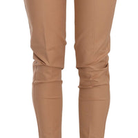 Beige Mid Waist Cotton Skinny Dress Trousers Pants