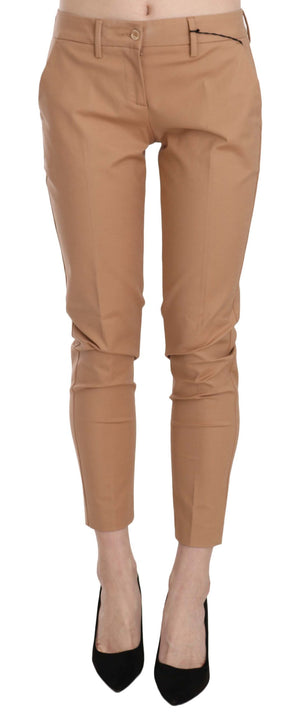 Beige Mid Waist Cotton Skinny Dress Trousers Pants