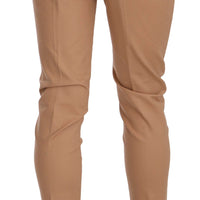 Beige Mid Waist Cotton Skinny Dress Trousers Pants