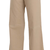 Beige Cotton Mid Waist Flared Trousers Pants