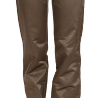 Brown Cotton Mid Waist Straight Pants