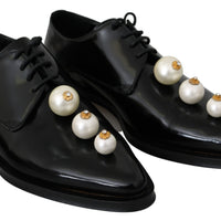 Black Leather Pearl Studs Lace Up Formal Shoes