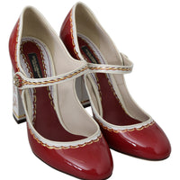 Red White Leather Block Heels Mary Jane Shoes