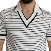 Black White Stripes V-neck Style Polo T-shirt