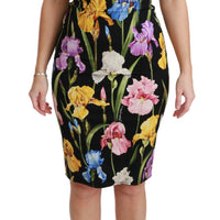 Black Iris Print Silk Stretch Bodycon Dress