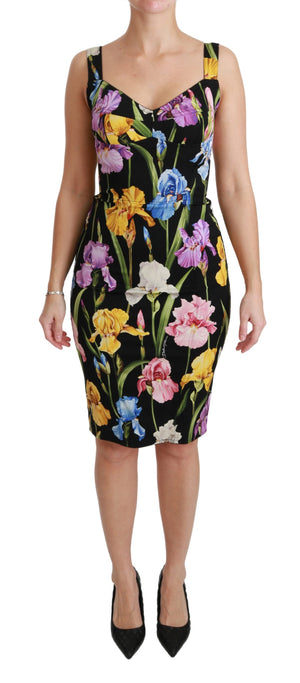 Black Iris Print Silk Stretch Bodycon Dress