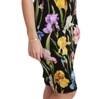 Black Iris Print Silk Stretch Bodycon Dress