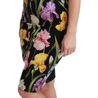 Black Iris Print Silk Stretch Bodycon Dress