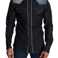 Blue Denim Logo Patch Men Casual Shirt