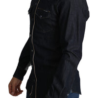 Blue Denim Logo Patch Men Casual Shirt