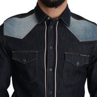 Blue Denim Logo Patch Men Casual Shirt