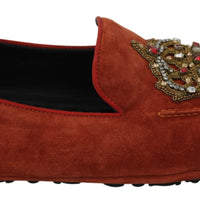 Orange Leather Moccasins Crystal Crown Slippers Shoes