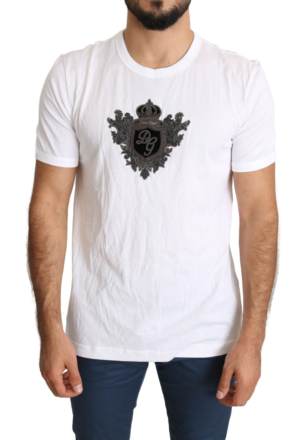 White Crown Embellished Men Top  Cotton T-shirt