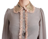 Gray Silk Gold Sequin Lace Blouse Shirt