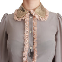 Gray Silk Gold Sequin Lace Blouse Shirt