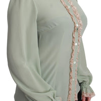 Mint Green Silk Sequin Lace Blouse Shirt