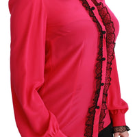 Pink Silk Black Sequin Lace Shirt Blouse