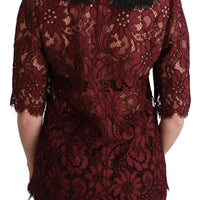 Maroon Floral Lace Elbow Sleeves Top Blouse