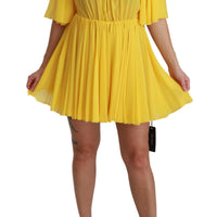 Yellow Pleated A-line Mini 100% Silk Dress