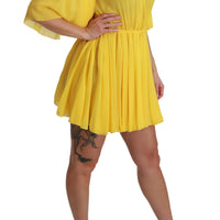 Yellow Pleated A-line Mini 100% Silk Dress