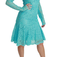 Blue Lace Knee Length Sheath Cotton Dress