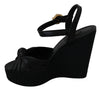 Black Crystal Ankle Strap Wedge Sandals Shoes