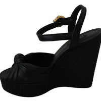 Black Crystal Ankle Strap Wedge Sandals Shoes