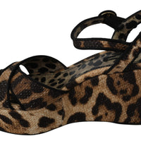 Brown Leopard Raffia Wedge Sandals Shoes