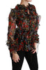 Black Floral Roses Blouse Silk Top