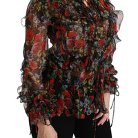 Black Floral Roses Blouse Silk Top