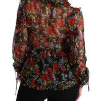 Black Floral Roses Blouse Silk Top